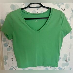 Green Short Sleeve Crop Top V-Neck
